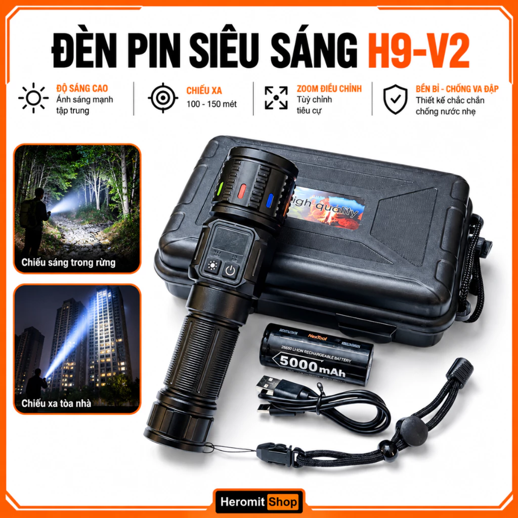 Đèn pin siêu sáng cầm tay H9-V2 Full hộp , pin trâu 5000mAh