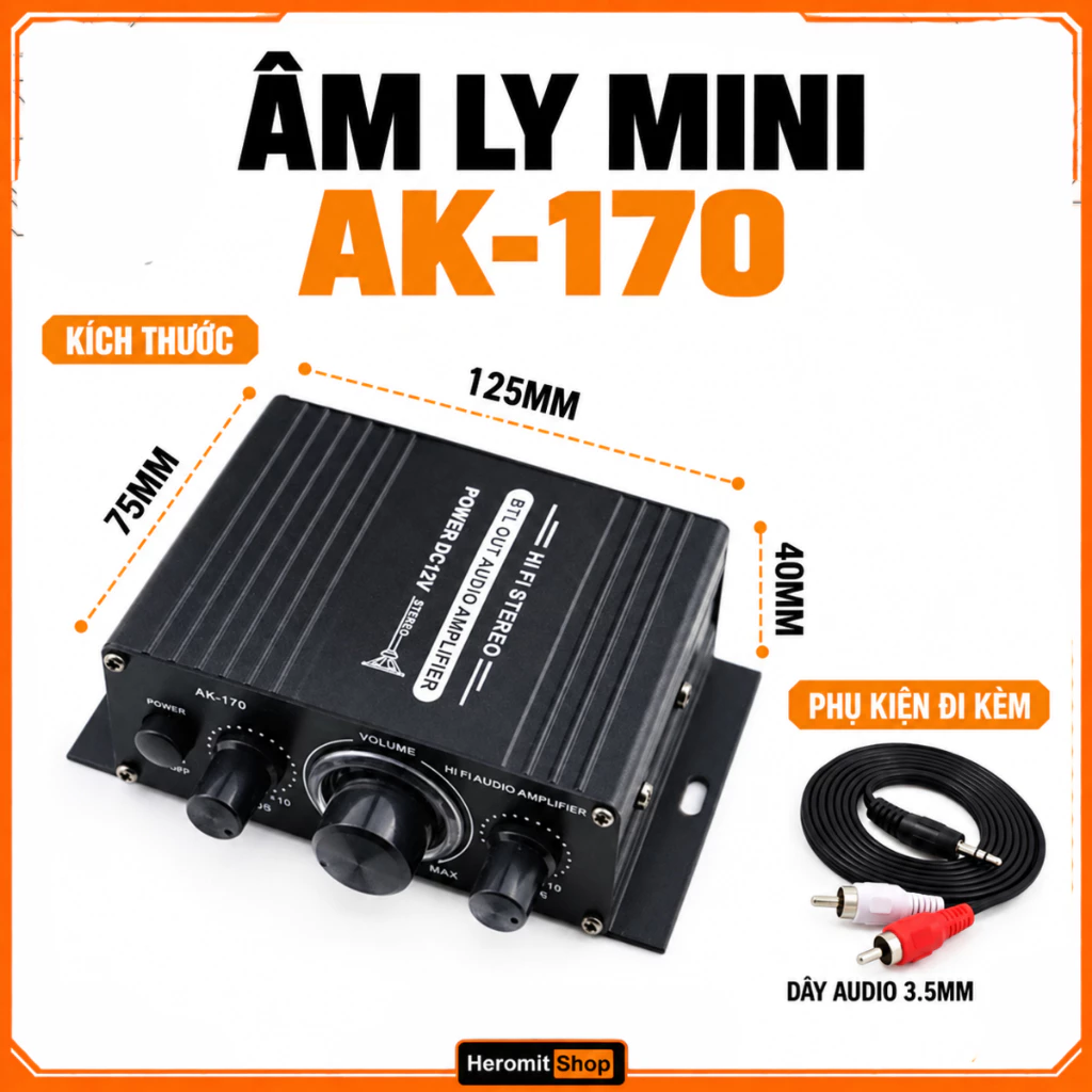 Âm Ly Mini 12VDC AK-170 HiFi 2 kênh ( Tặng dây kết nối AV )