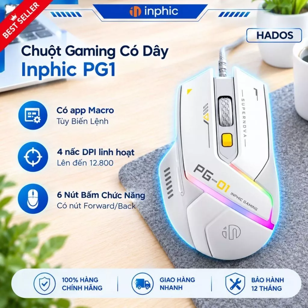 Chuột Gaming Có Dây INPHIC PG1 12800 DPI 1000hz Led RGB 6 Nút Bấm Có App Điều Chỉnh Macro Riêng