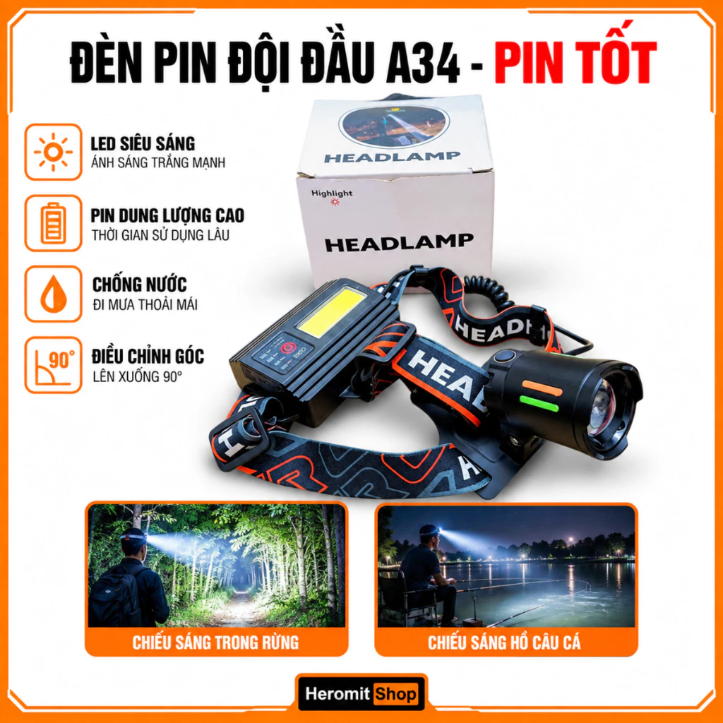 Đèn pin đội đầu A-34 thu phóng xa gần led Laser 15W