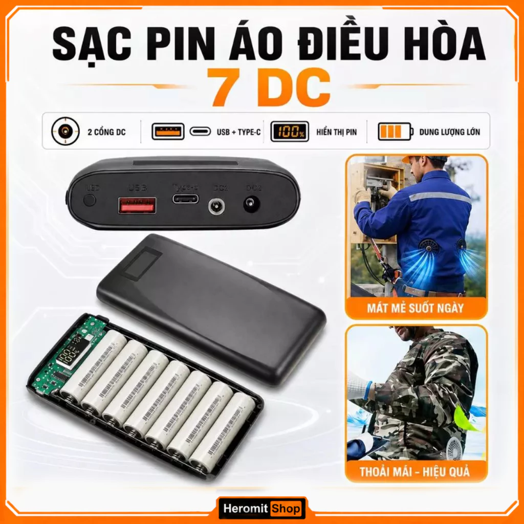 Vỏ Pin Áo Điều Hòa 7 Cell 5V-12V, Box Sạc Dự Phòng Nhanh 22W Dùng Pin 18650