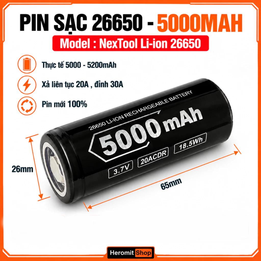 Pin 26650 5000mAh NexTool xả 30A , Pin đèn siêu sáng
