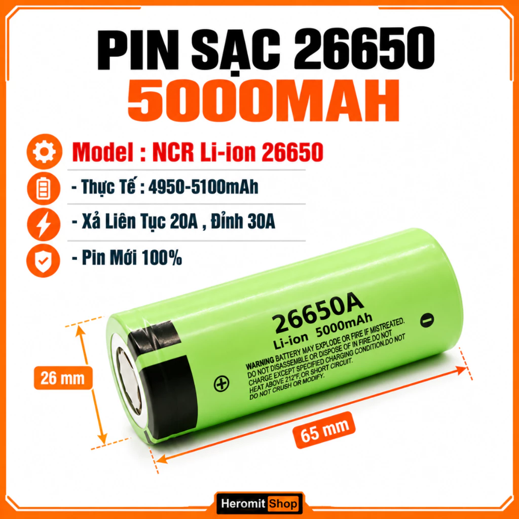 Pin 26650, 5000mAh  3,7V pin máy khoan, sạc dự phòng.