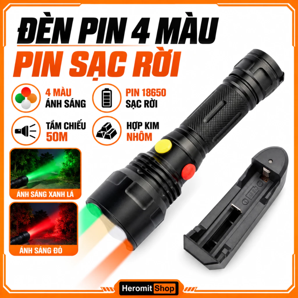 Đèn pin 4 màu phát tín hiệu cảnh báo , đèn pin cầm tay H1