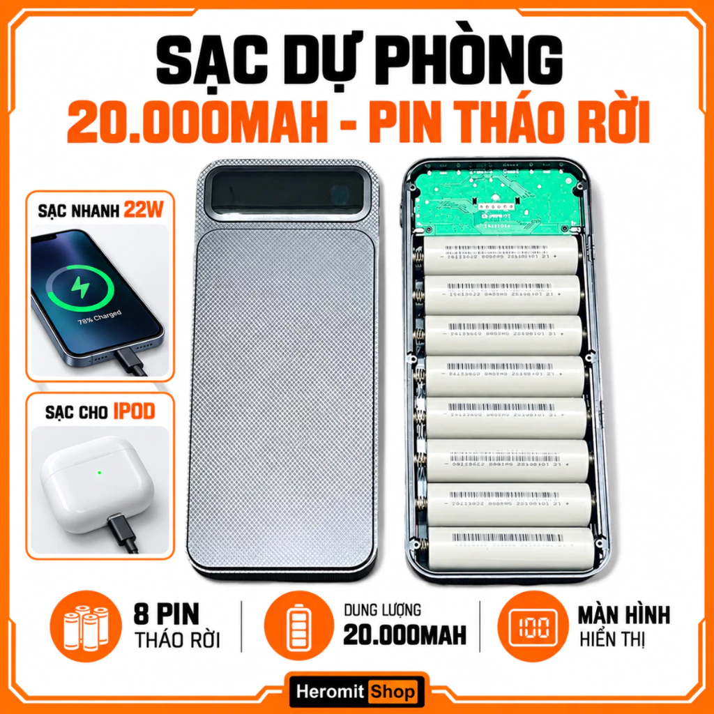 Sạc dự phòng nhanh 8 cell 20.000mAh , sạc nhanh 22W pin có thể tháo rời