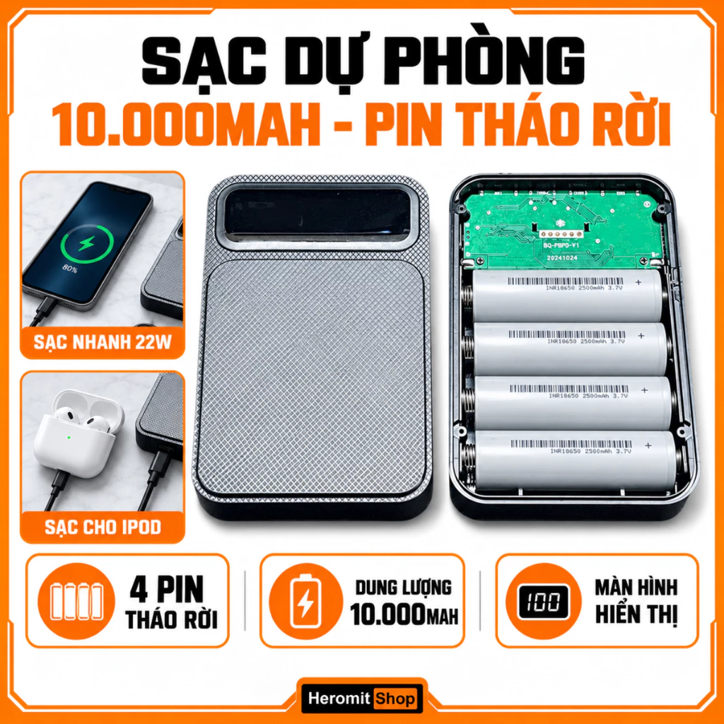 Sạc dự phòng nhanh 4cell 10.000mAh pin có thể tháo rời
