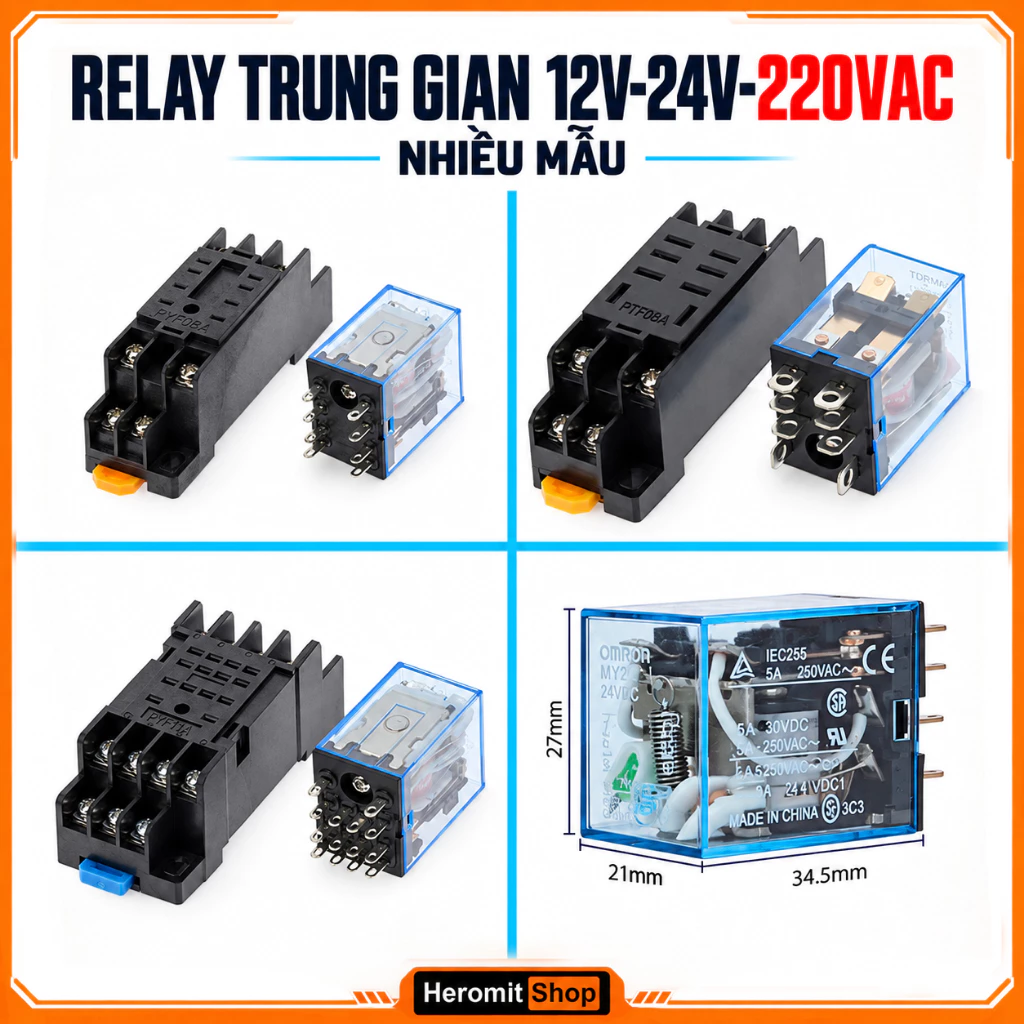 Rơ le trung gian rơle kiếng 12V 24V 220V (đủ bộ kèm đế )