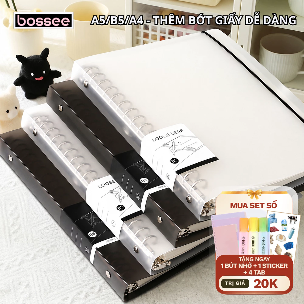 [Tặng tab+Bút+Sticker] Sổ Còng A4/B5/A5, Bìa Nhựa Đen/Trắng Chống Nước, Giấy Kẻ Ngang/Caro Chống Lóa