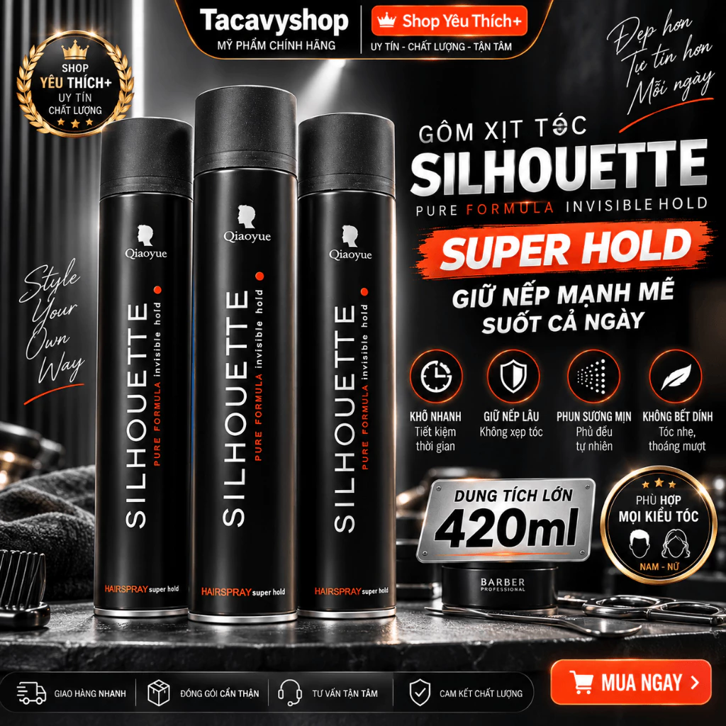Gôm Xịt Tóc Silhouette 420ml Giữ Nếp Mạnh, Khô Nhanh, Không Gàu Trắng, Keo Xịt Tóc Nam Nữ