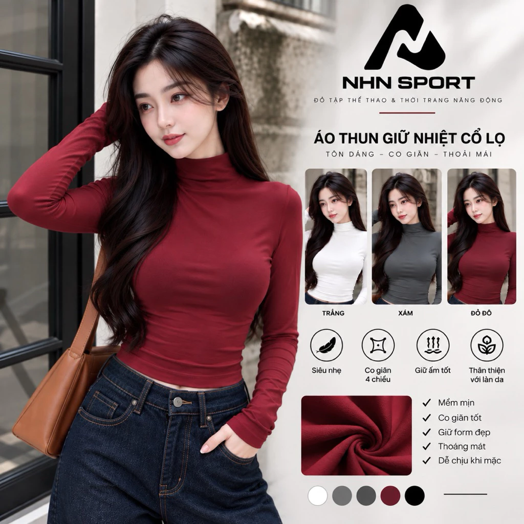 Áo Giữ Nhiệt Nữ NHN SPORT Cổ 3 Phân Dài Tay Co Giãn 4 Chiều Mềm Mịn Ôm Dáng Thời Trang Thu Đông
