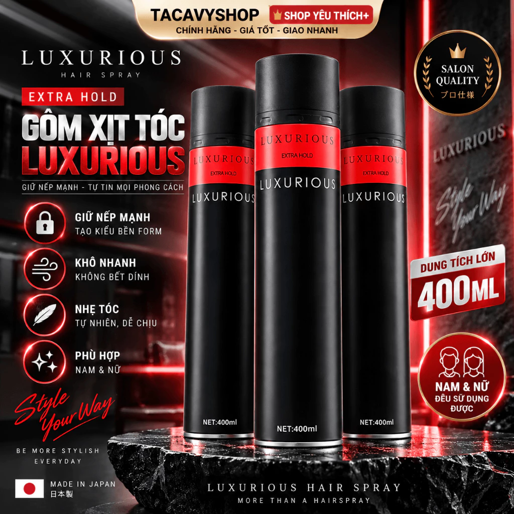 Gôm Xịt Tóc Luxurious Extra Hold 400ml Nam Nữ, Keo Xịt Tóc Giữ Nếp Mạnh Khô Nhanh