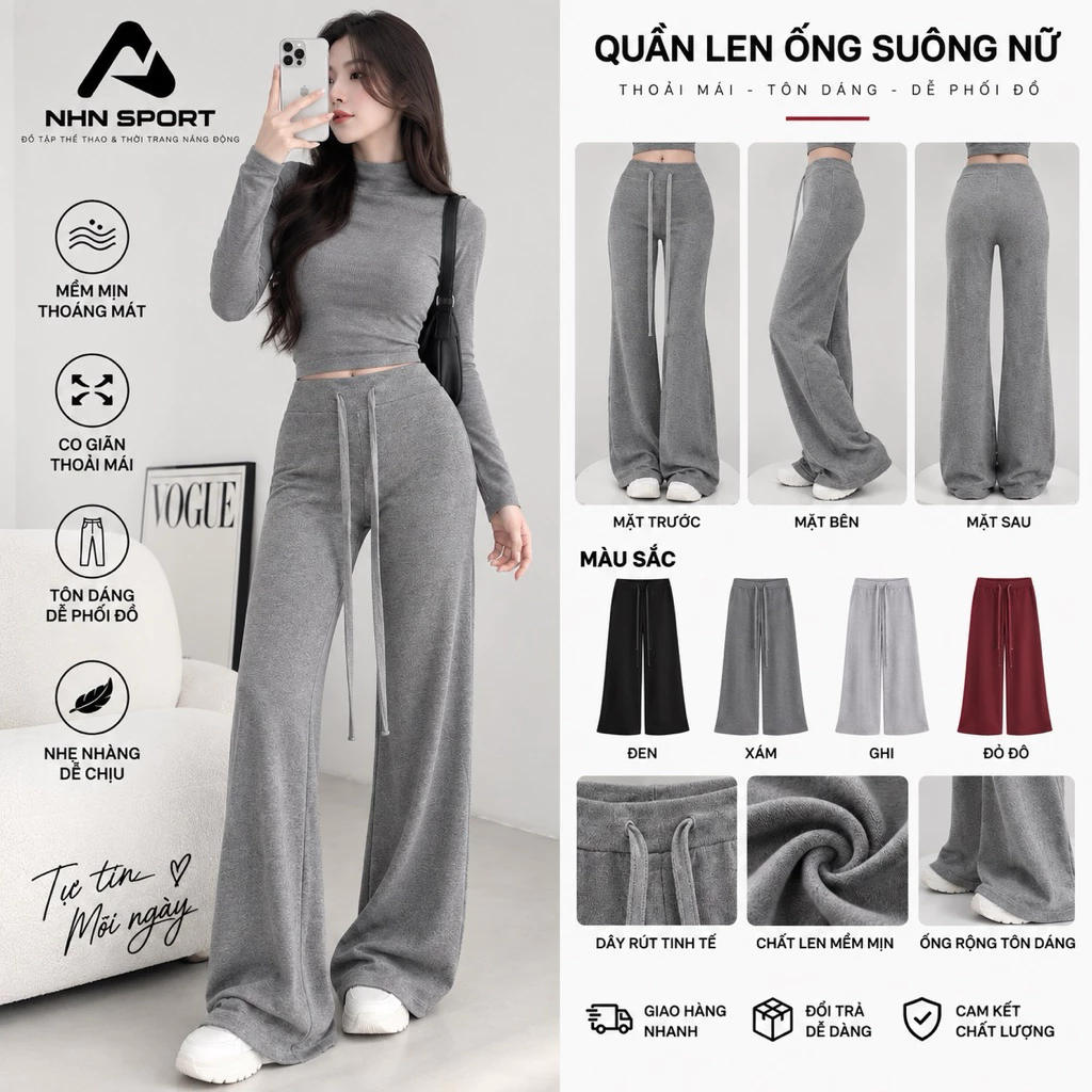 [ NHN SPORT] Dáng Nấm , Quần Ống loe Cạp Chun Dây Rút chất len lông thỏ mịn co dãn tốt cạp liền tôn dáng ( QL1)