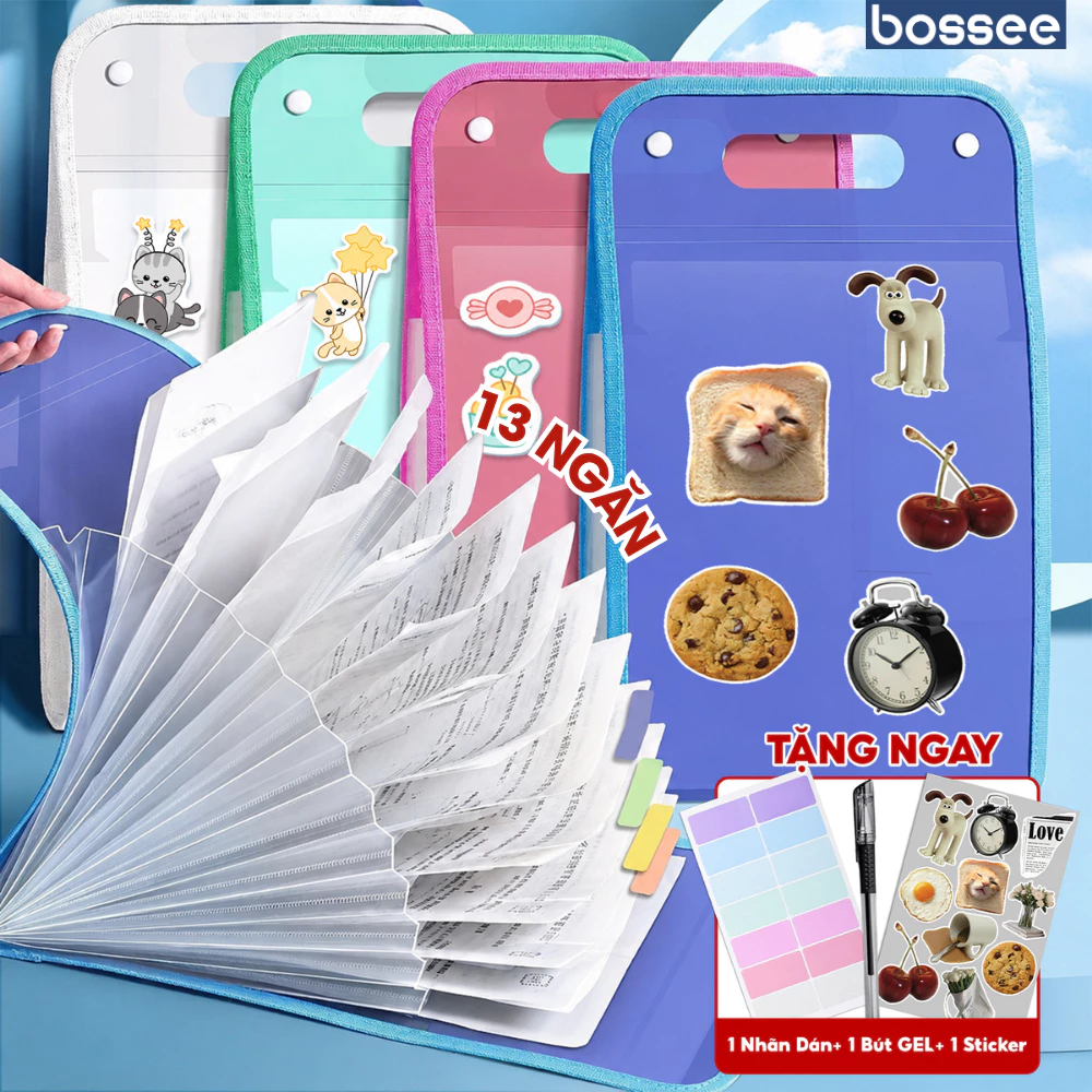 [Tặng Nhãn Dán+Bút+Sticker] Cặp Đựng Tài Liệu 13 Ngăn Nhựa PP Chống Nước, Chứa Tài Liệu A4 Nhỏ Gọn Dễ Mang