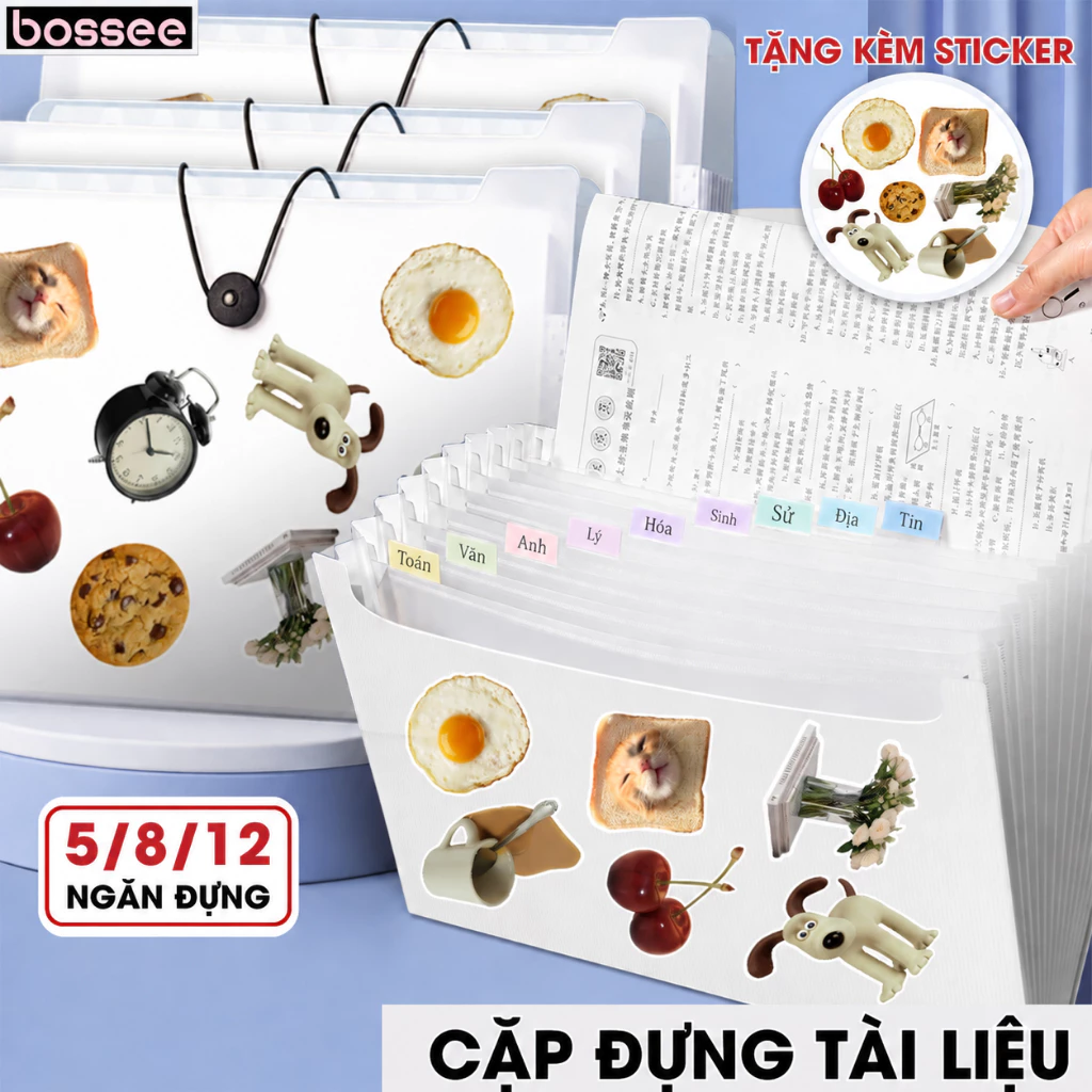 [Tặng Nhãn Phân Trang+Sticker] Cặp Tài Liệu 5/8/12 Ngăn Bìa PP Chống Nước Có Quai Cài Chắc Chắn