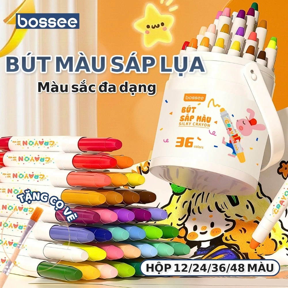 Màu Sáp Lụa Silky Crayon Bossee Thiết Kế Hộp Có Quai Xách Tiện Lợi, Set 48 Màu Sáp Dầu Không Lem Bẩn