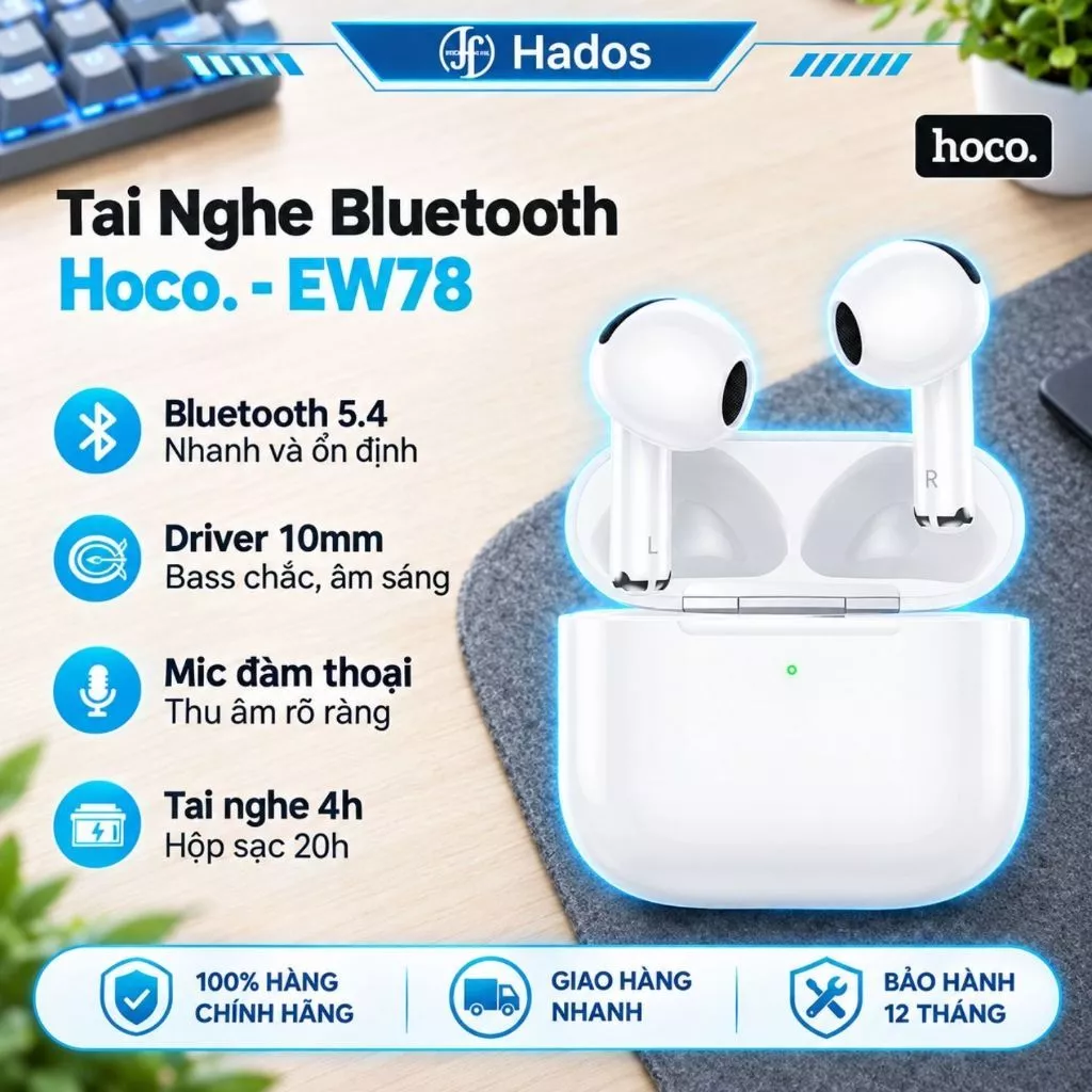 Tai Nghe Bluetooth Hoco EW78 TWS V5.4 Chính Hãng, Chống Ồn, Có Micro - Âm Thanh Chất Lượng Cao Cấp