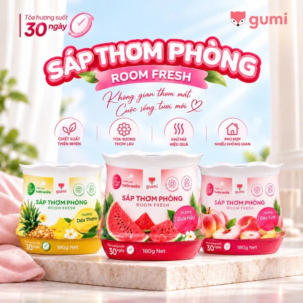 Sáp Thơm Phòng GUMI 180G Hương Đào, Dứa, Dưa Hấu Thơm Lâu, Khử Mùi, Giúp Không Gian Thơm Mát