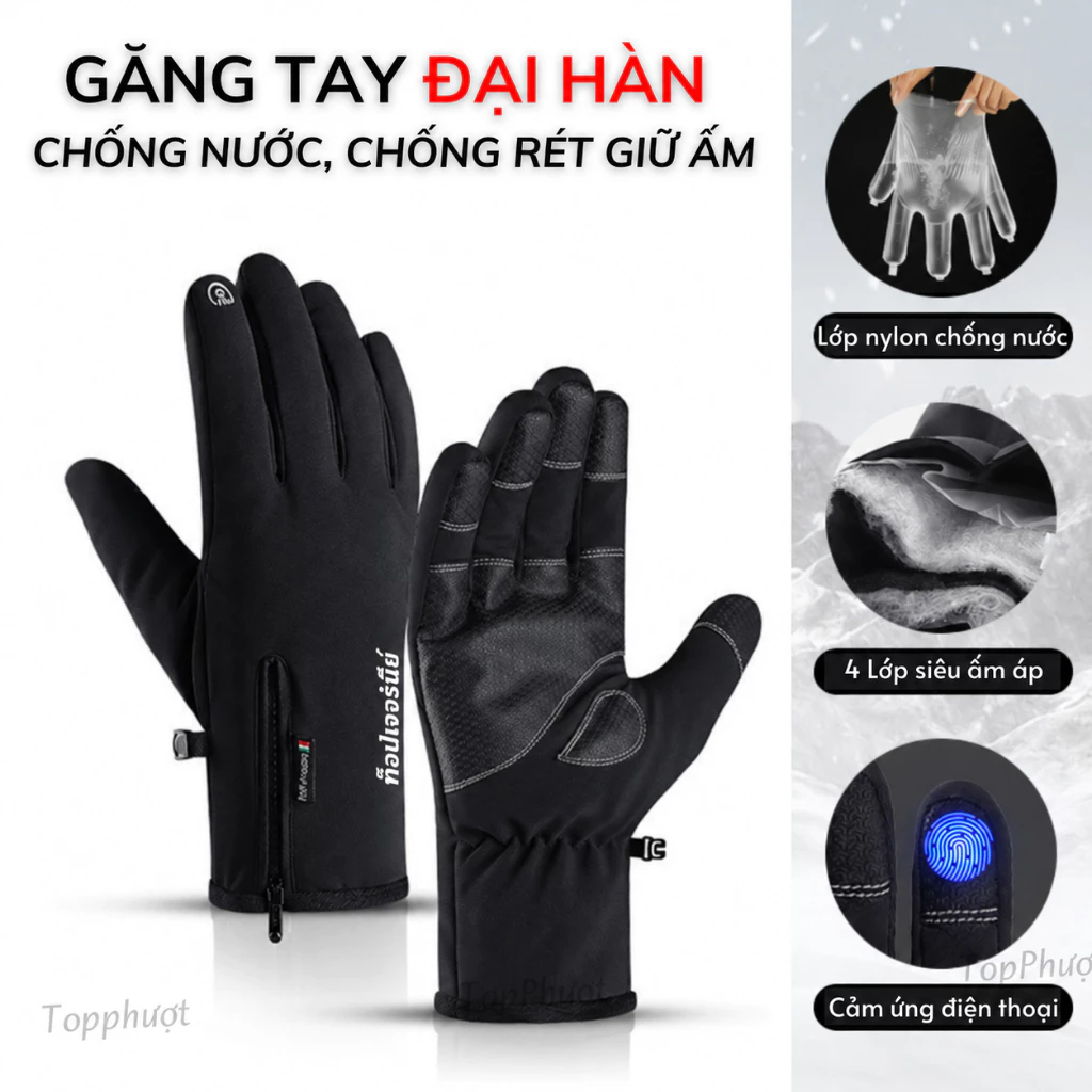 Găng tay chống nước giữ ấm mùa đông, cảm ứng điện thoại đi xe máy Go.Joy có khóa kéo điều chỉnh