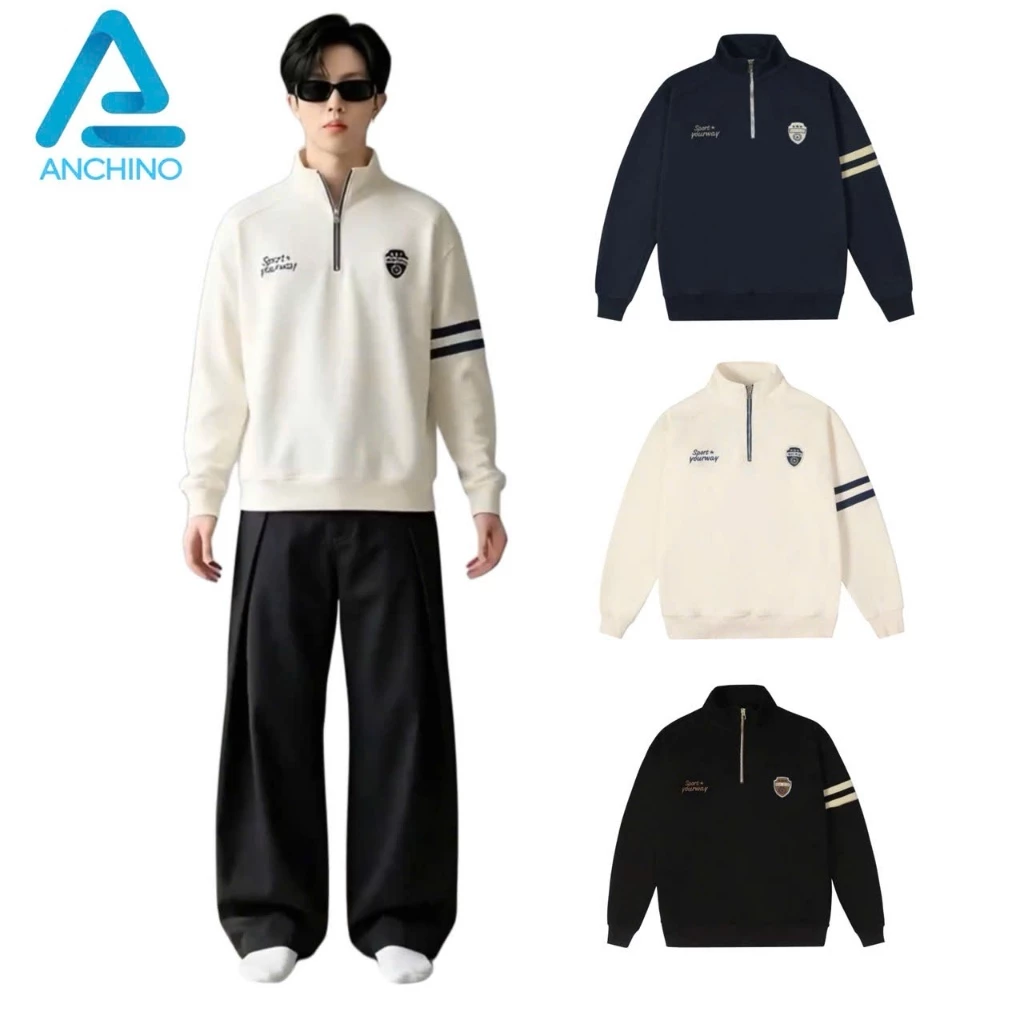 Áo nỉ cổ cao nam ANCHINO khóa zip, vải  hai da mền mịn hình thêu sắc nét