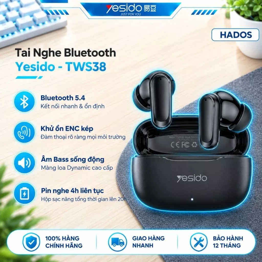 TAI NGHE KHÔNG DÂY BLUETOOTH YESIDO TWS38, ÂM THANH HIFI, ĐEO NHẸ TAI, MIC GIẢM ỒN HD, PIN TRÂU 20H