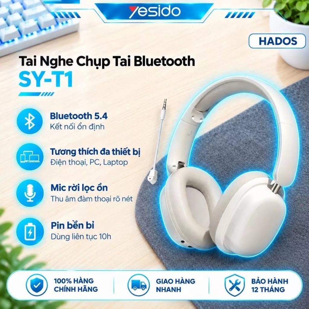 Tai nghe Chụp tai Bluetooth SYT1- Âm Thanh HiFi Chống Ồn, Kèm Mic Rời Khử Ồn Kép, Pin Trâu 20H