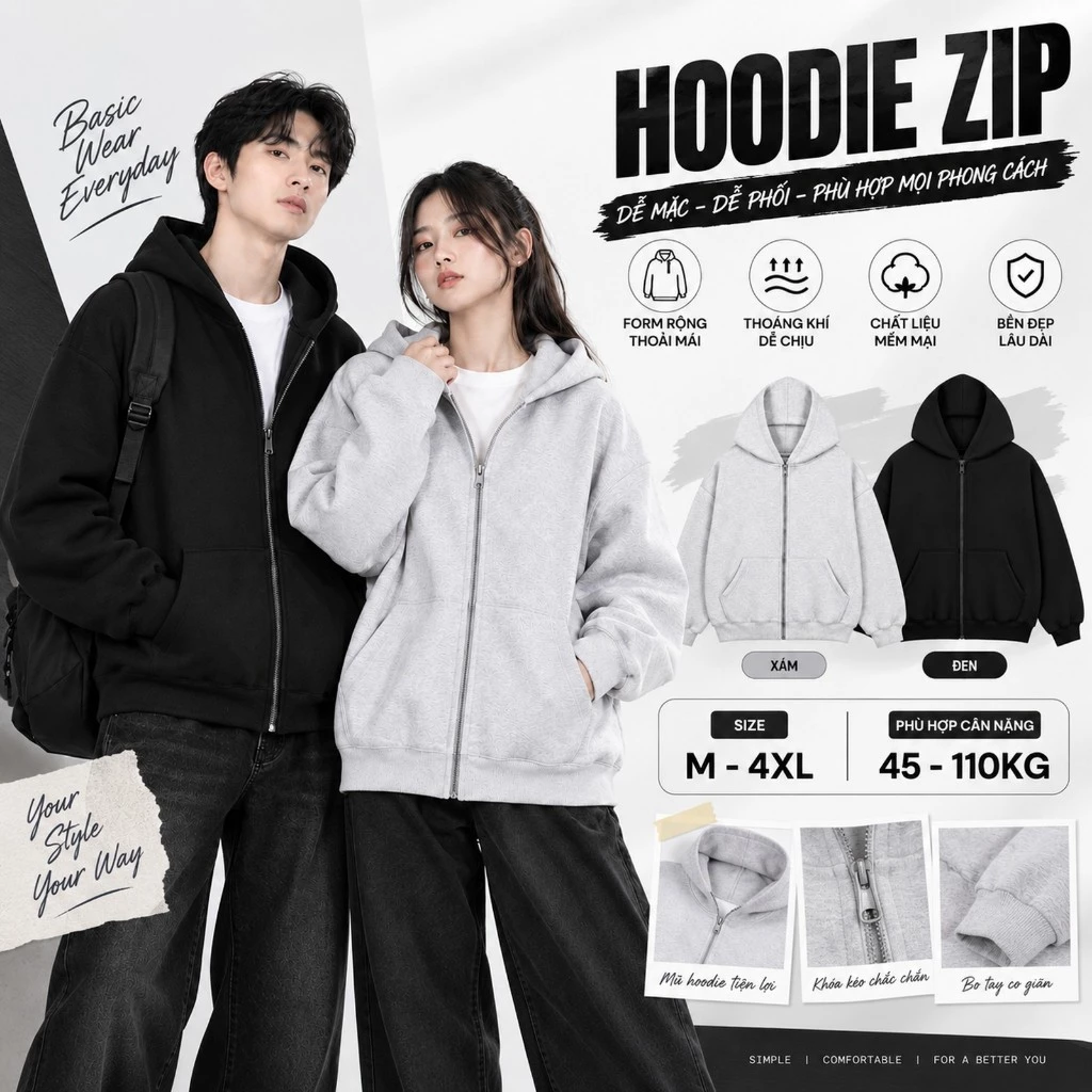 [ DEAL MỞ BÁN ] [ Có BigSize ] Áo Khoác Nỉ Hoodie Zip T2 Nam Nữ Form Rộng Có Mũ Khóa Kéo Dài Tay Trẻ Trung.