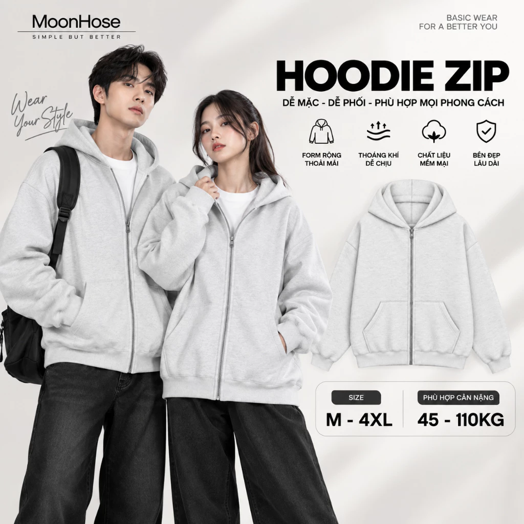 [ DEAL MỞ BÁN ] [ Có BigSize ] Áo Khoác Nỉ Hoodie Zip Xám Trắng  T2 Nam Nữ Form Rộng Có Mũ Khóa Kéo Dài Tay Trẻ Trung