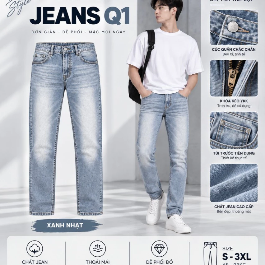 [ DEAL MỞ BÁN ] Quần jean nam Q1 - Xanh Nhạt  Slim fit, ống ôm, co giãn thoải mái Cạp cao, hách dáng,Menswear Pants