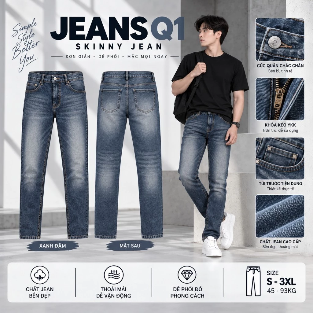 [ DEAL MỞ BÁN ] Quần jean nam Q1 - Xanh Đậm Slim fit, ống ôm, co giãn thoải mái Cạp cao, hách dáng,Menswear Pants