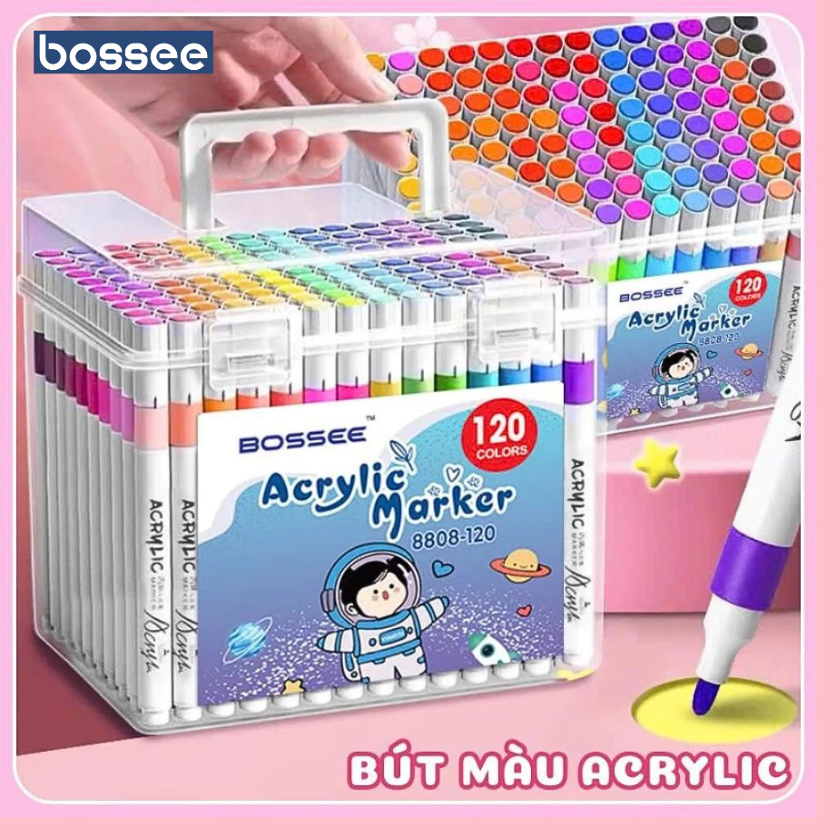Bộ 12/24/36/48/60/80/120 Màu Acrylic Marker Bossee Ngòi Đầu Tròn, Bút Sơn Màu Tươi Sáng Không Lem