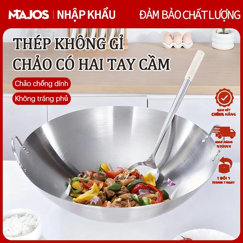 Chảo Xào 2 Quai Chống Dính Chảo inox sâu lòng hãng inox cao đường Chảo inox 26-43cm phòng bếp nhà hàng