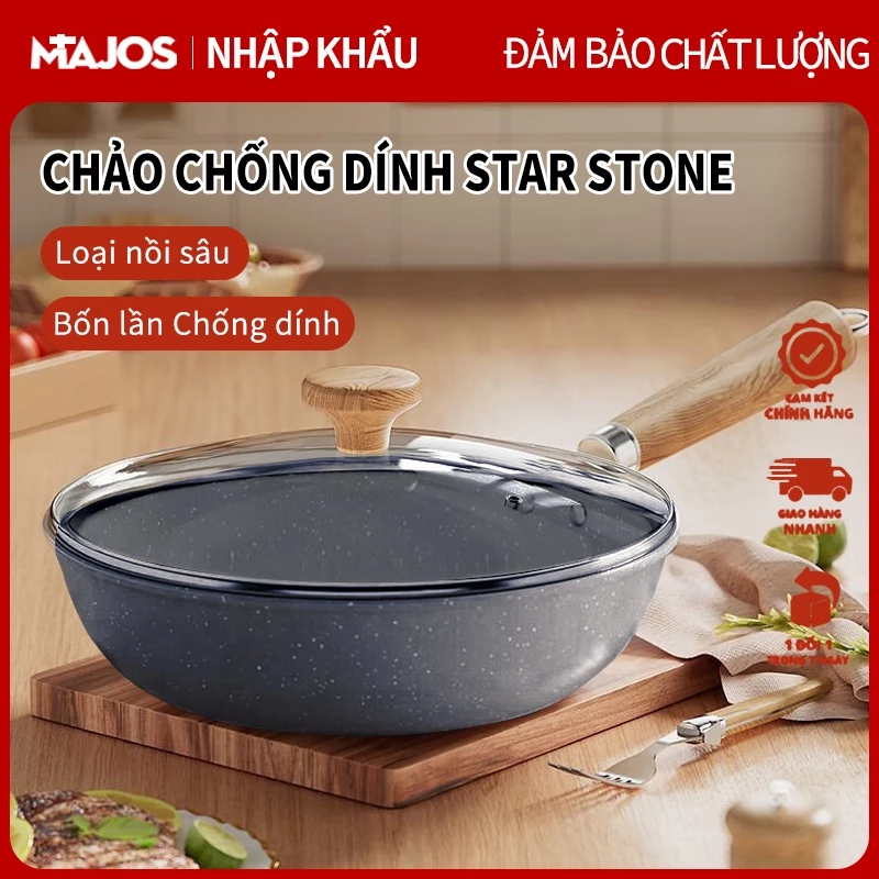 Chảo chống dính siêu bền đá chảo phủ chống dính cao cấp Tay cầm bằng gỗ nguyên khối 26/28/30CM Phù Hợp Với Mọi Loại Bếp