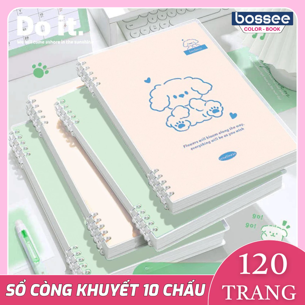 Sổ Còng A5 B5 120 Trang Họa Tiết Cún Con - Bìa Sổ Còng 10 Chấu Khuyết Còng