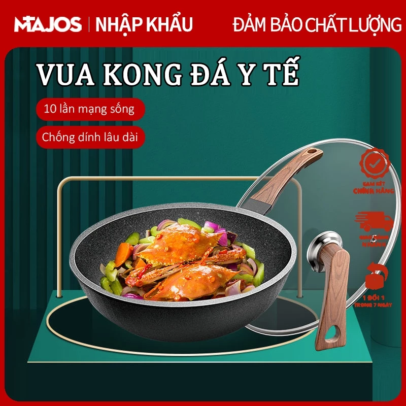 Chảo chống dính Đá y tế Phủ lớp chống dính Chảo sâu lòng chống dính cán gỗ Dùng Được Cho Mọi Loại Bếp