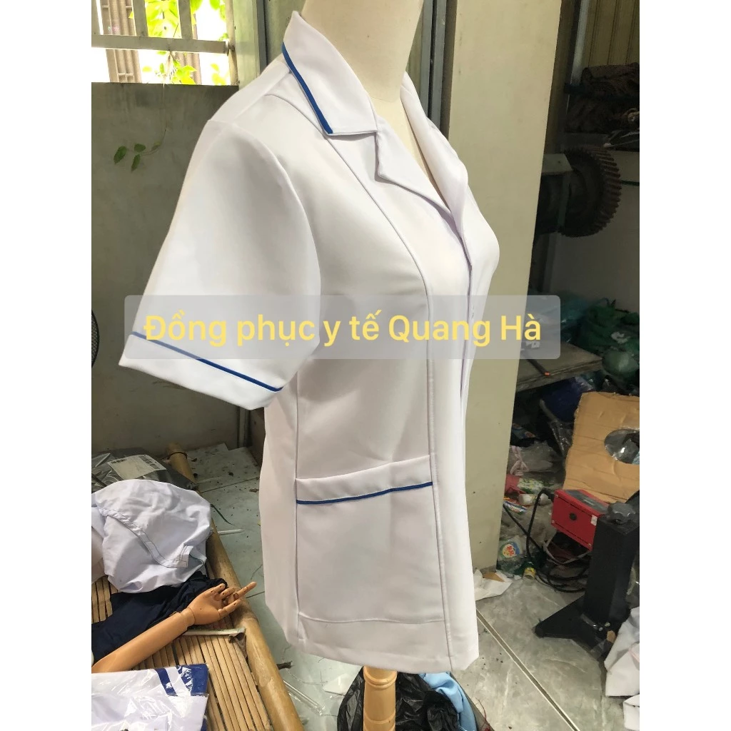 Áo Blue, Blouse trắng Dáng Ngắn Ngang Đùi Nam Nữ  Cộc Tay Vải lon nhật Dành Cho Y Tá, Dược Sĩ, Điều Dưỡng.