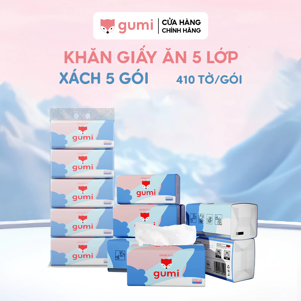 Bịch 5 gói giấy ăn Gumi 5 lớp, siêu dai dày dặn mềm mịn