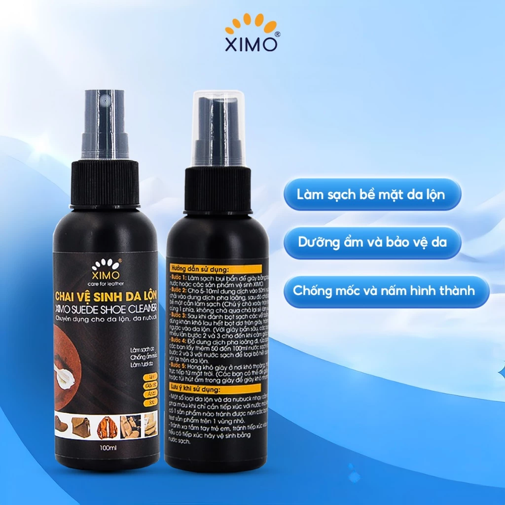 Chai Vệ Sinh Giày Đồ Da Lộn XIMO 100ml Giúp Làm Sạch, Chăm Sóc, Chống Mốc Túi, Ví, Áo, Ghế  XI06
