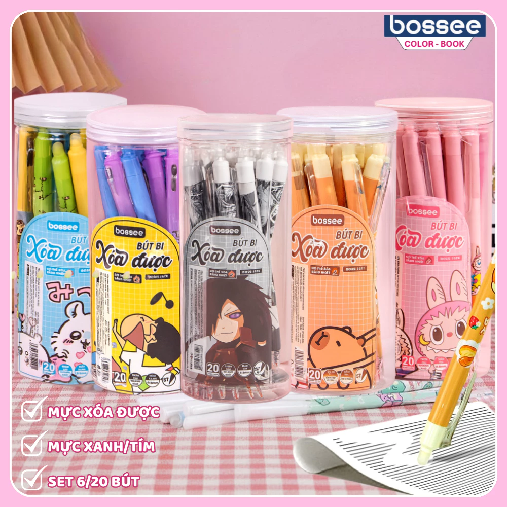 Set Bút Bi Xóa Được - Hộp 20 Bút Gel Mực Tím/Xanh Có Gôm Tẩy Thiết Kế Hoạt Hình Dễ Thương