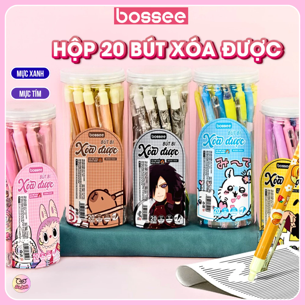 Set 20 Bút Gel Bossee Nét 0.5mm Xóa Được, Bút Viết Hoạt Hình Dễ Thương Có Đầu Tẩy Xóa Mực