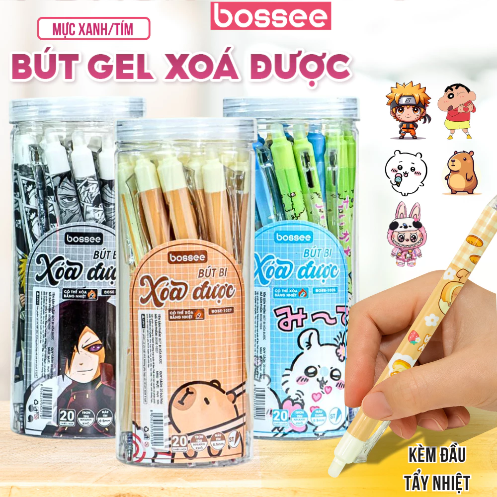 Bộ 20 Bút Gel Xóa Được Họa Tiết Hoạt Hình Dễ Thương, Set Bút Bi Kèm Đầu Tẩy Xóa Được