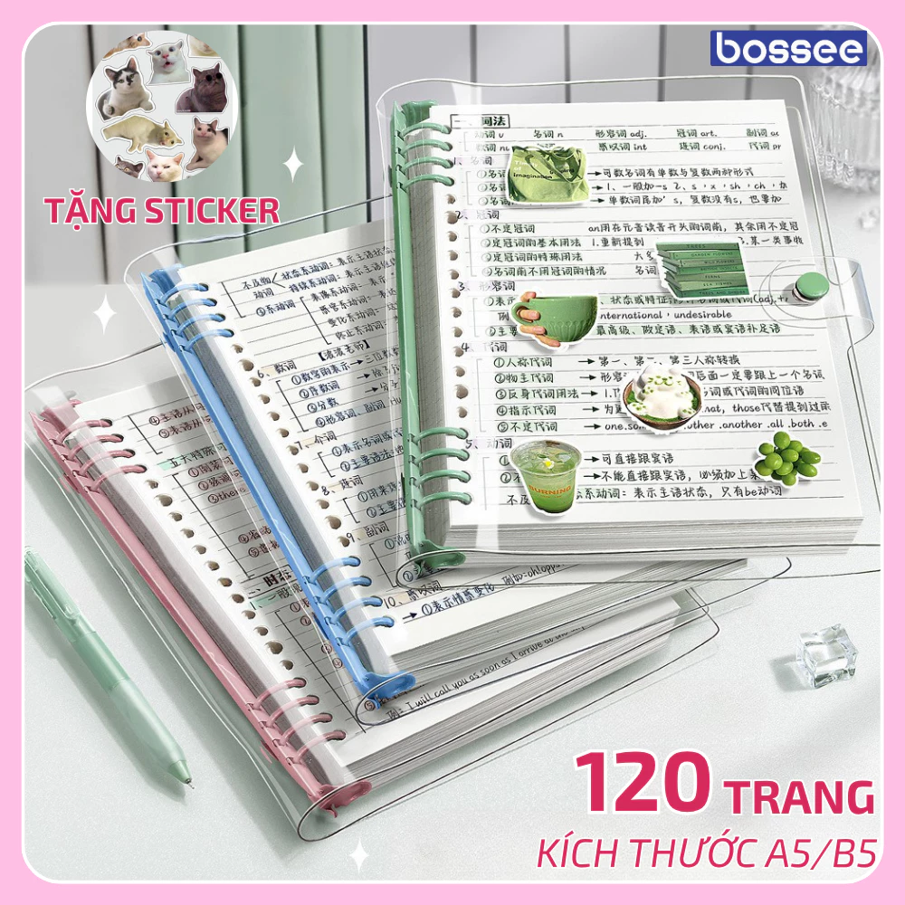 [Tặng Sticker] Set Sổ Còng Bìa Mềm PVC 120 Trang Kẻ Ngang/Kẻ Vuông, Refill Giấy Dễ Dàng