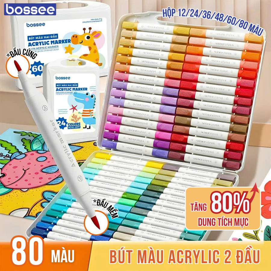 Bộ 12/24/36/48/60/80 Màu Acrylic Marker 2 Đầu, Bút Màu Marker Màu Sắc Tươi Sáng Không Lem
