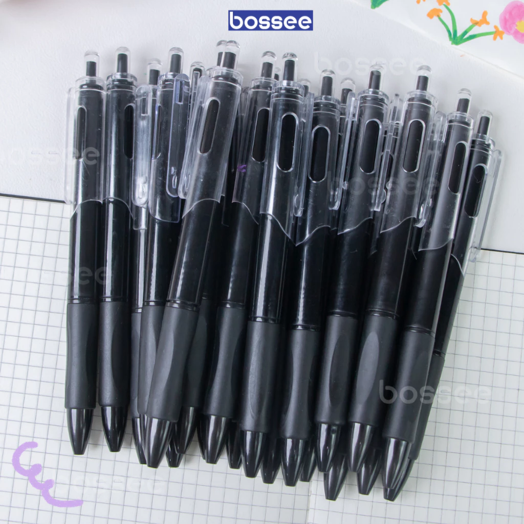 Set 20 bút bi mực gel xanh đen Bossee viết trơn nhanh khô, bút gel pastel Hàn Quốc cho học sinh