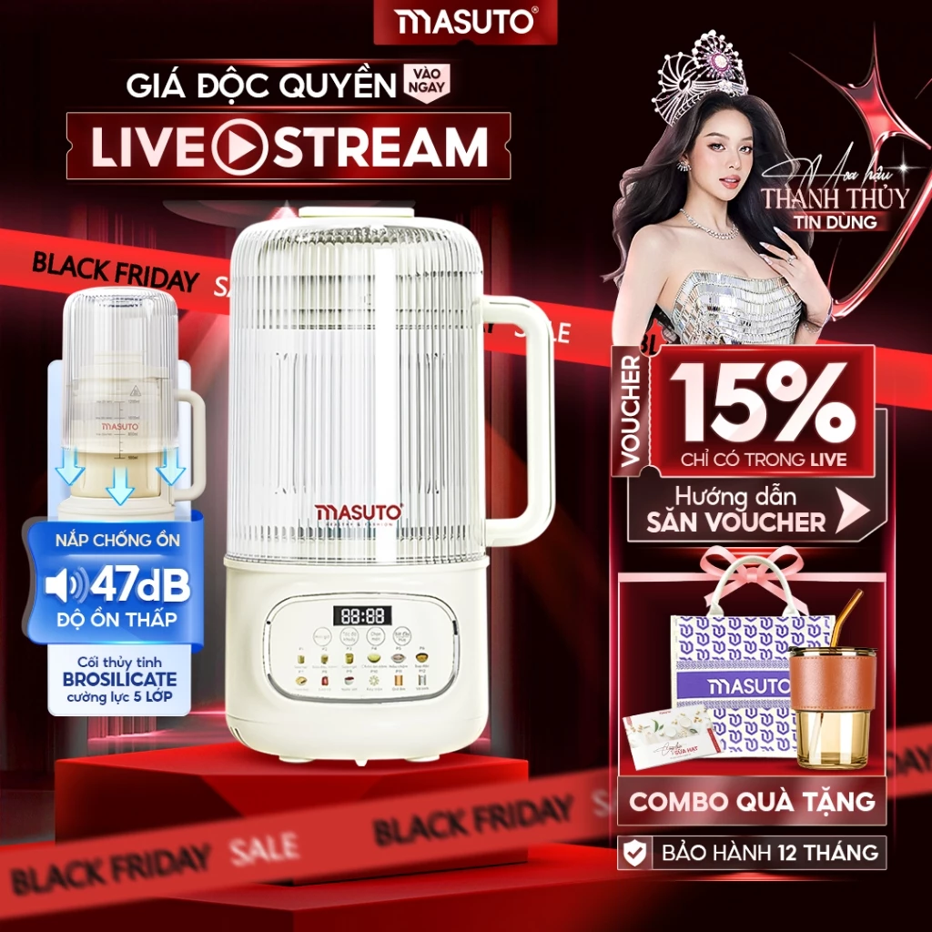 Máy Làm Sữa Hạt Masuto 1,2L Thủy Tinh Chống Ồn Cường Lực Xay Hạt Nhuyễn Mịn Chống Trào 12 Chế Độ