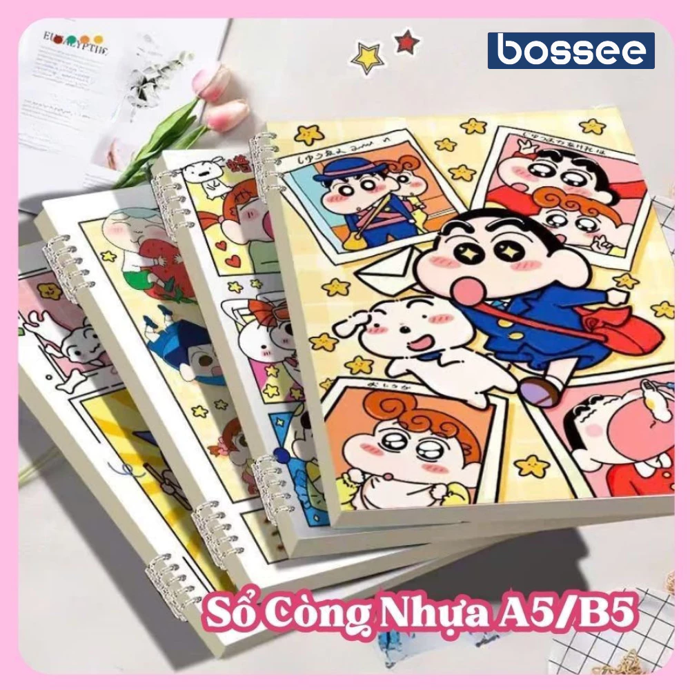 Sổ Còng Nhựa 2 Đầu Họa Tiết Shin, Vở Kẹp Còng Thay Được Giấy A5 B5 120 Trang Chống Lóa,Bìa Sổ Còng 10 Chấu Không Cấn Tay