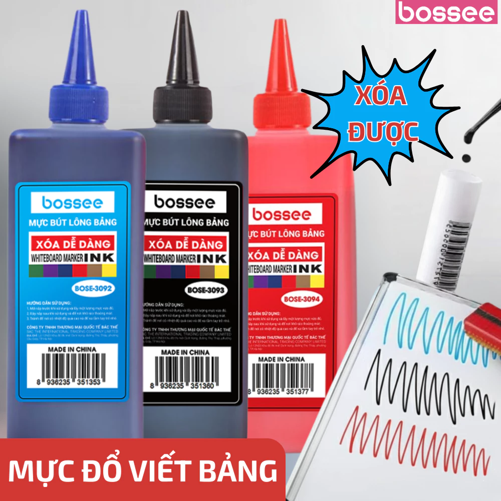 500ml Mực Viết Bảng Trắng - Mực Bút Lông Xóa Được 3 Màu Đen/Xanh/Đỏ