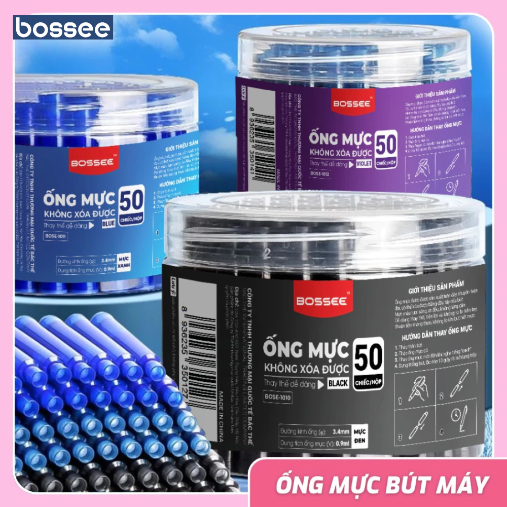 [Không xóa được] Hộp 50/30 Ống Mực Bossee Thay Bút Máy Viết Nhanh Khô Không Lem Dễ Thay Thế
