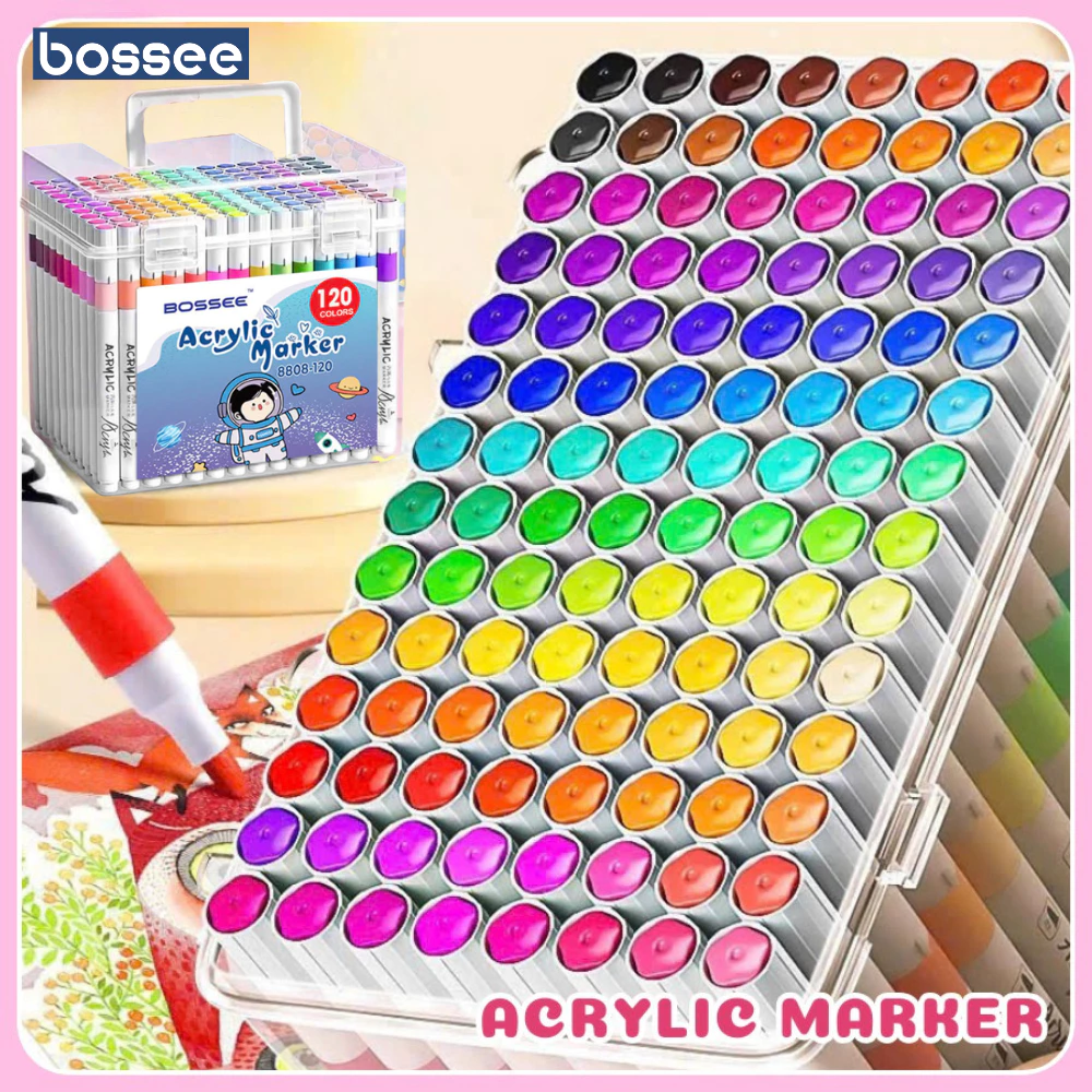 Bộ Acrylic Marker 12/24/36/48/60/80/120 Màu, Hộp Màu Dạng Đứng Ngòi Mềm Chống Lem Mực