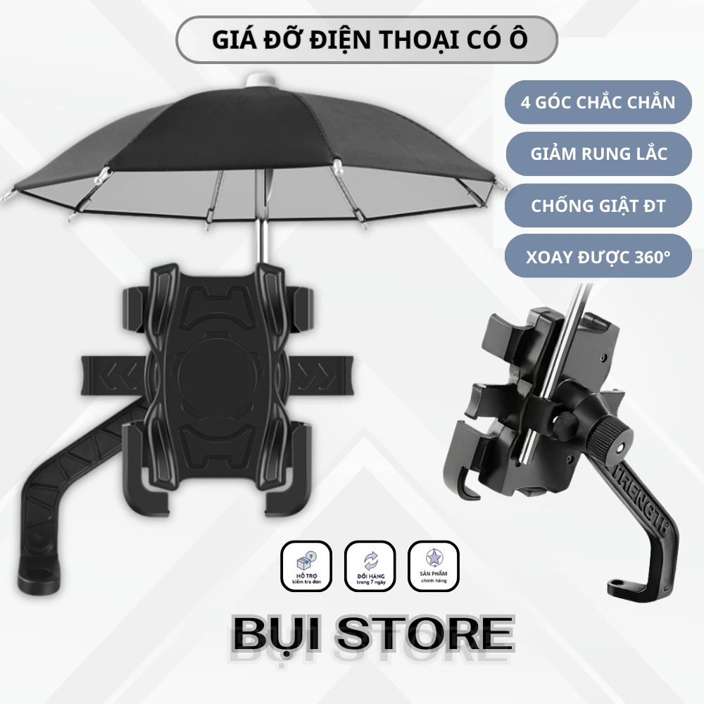 Giá Đỡ Điện Thoại Xe Máy - Kẹp Điện Thoại Gắn Gương Hậu Có ô Dù Che Mưa Che Nắng Chống Cướp Giật Cực Kì Chắc Chắn
