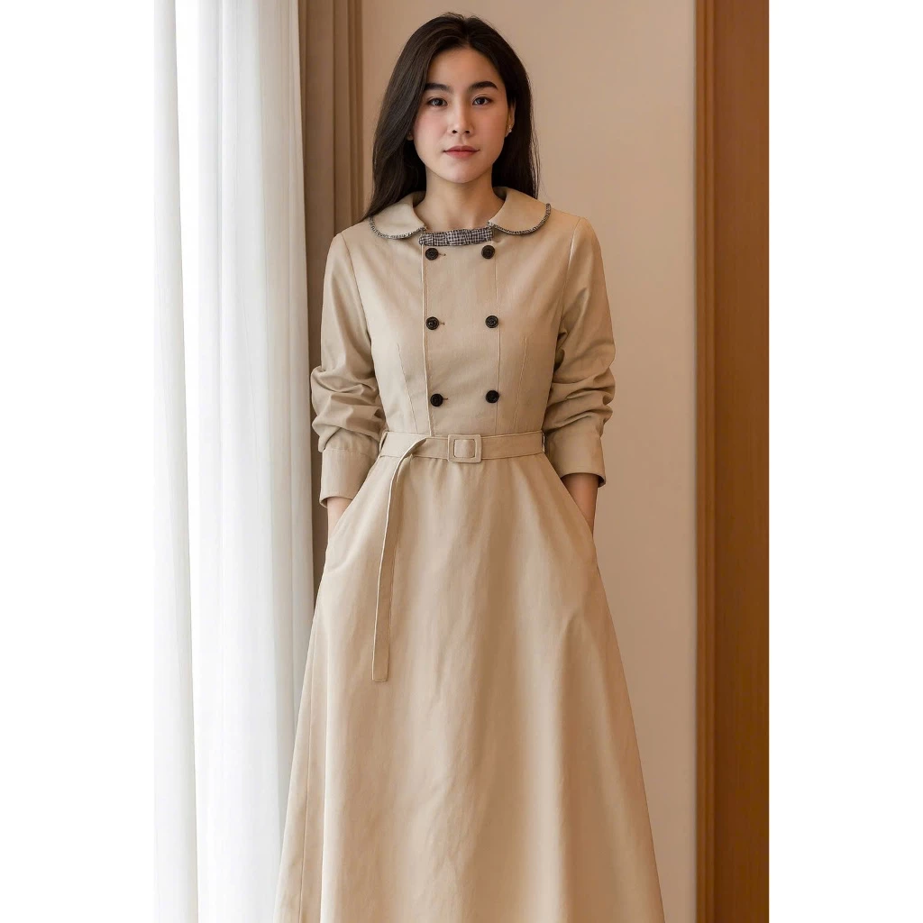 Rosy S15_Váy thiết kế dáng A thanh lịch, cổ bẻ phối nơ dễ thương phù hợp với mọi sự kiện